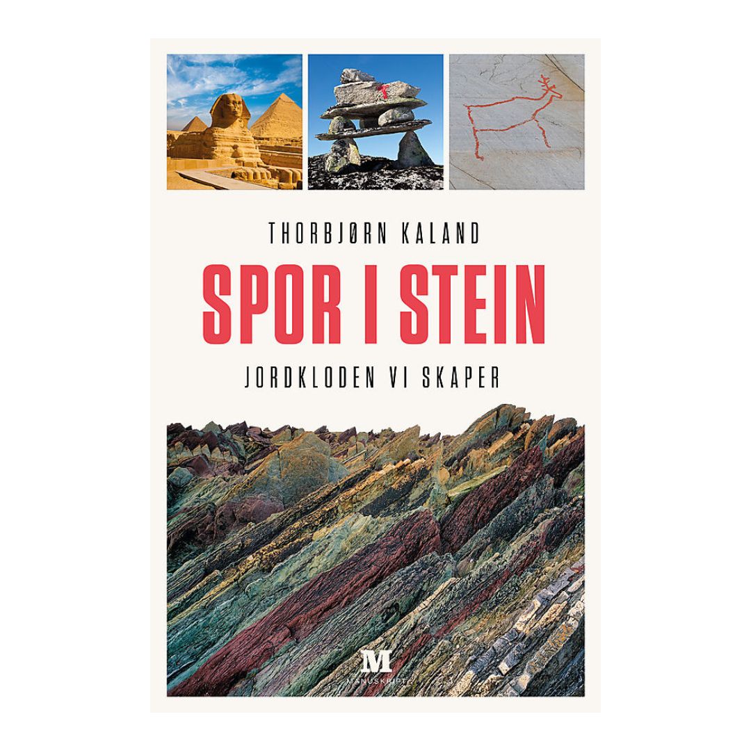 Coverbilde av 'Spor i stein – Jordkloden vi skaper' av Thorbjørn Kaland, utforsker jordens geologi og menneskets påvirkning.