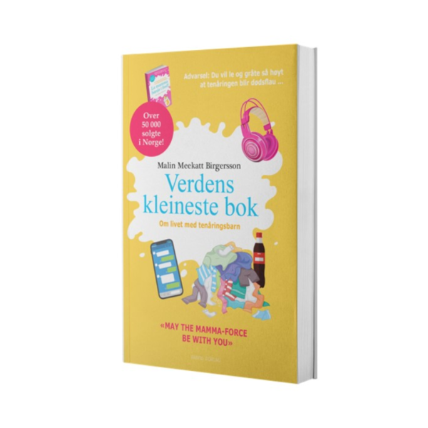 Coverbilde av 'Verdens kleineste bok' av Malin Birgersson, en guide for å takle tenåringsårene med humor.