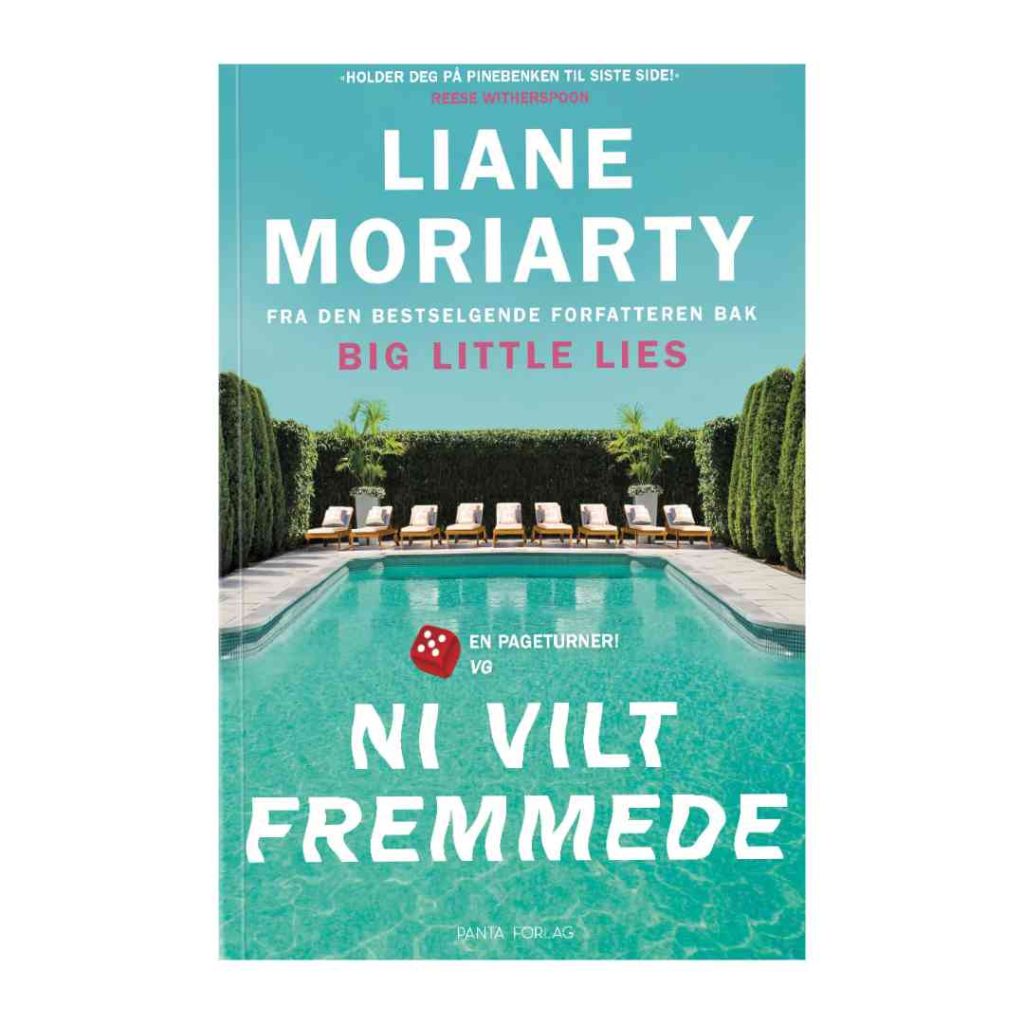 Coverbilde av 'Ni vilt fremmede' av Liane Moriarty, en thriller om et spennende mysterium på et luksuriøst spahotell.